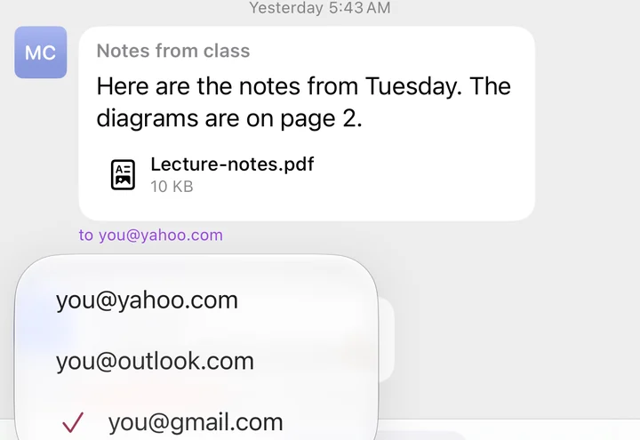 The From menu in a Herald chat listing you@yahoo.com, you@outlook.com and you@gmail.com, with you@gmail.com checked.