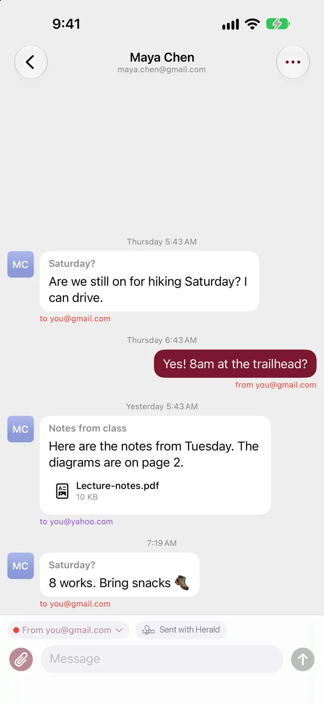 A chat with Maya Chen in Herald. Her messages arrived at you@gmail.com and you@yahoo.com, and your reply went from you@gmail.com, all in one conversation.